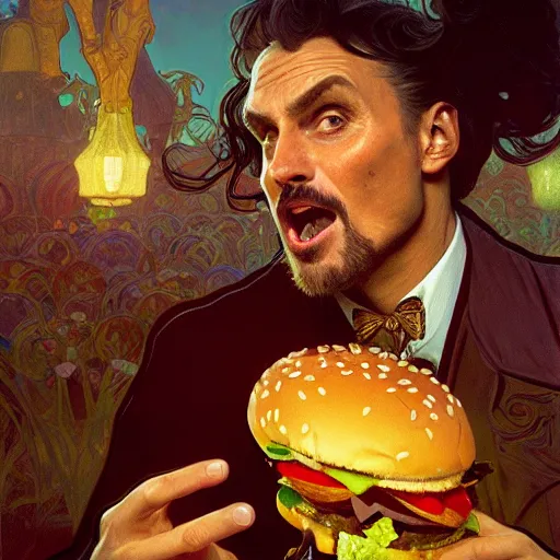 Prompt: painted portrait of dennis hopper screaming at hamburgers, handsome, fantasy, intricate, elegant, highly detailed, digital painting, artstation, concept art, sharp focus, illustration, illumination, holy ethereal light, art by gaston bussiere and alphonse mucha