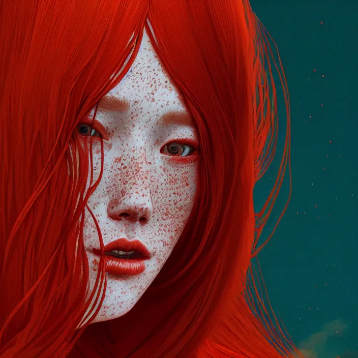 Image similar to portrait of a redheaded woman with freckles. intricate abstract. intricate artwork. by Tooth Wu, wlop, beeple, dan mumford. octane render, trending on artstation, greg rutkowski very coherent symmetrical artwork. cinematic, hyper realism, high detail, octane render, 8k, chrome accents