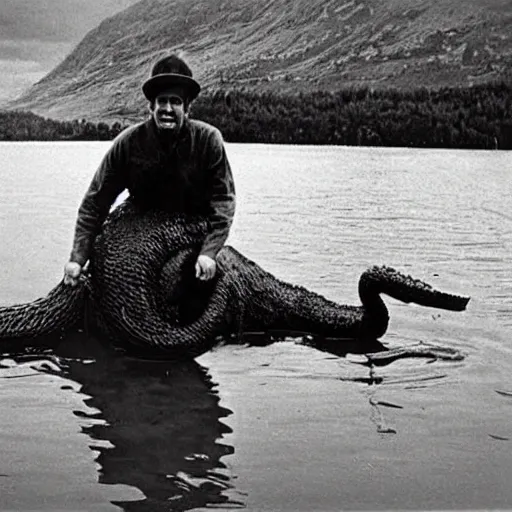 Image similar to an old photo of a hunter posing with a hunted Loch Ness monster