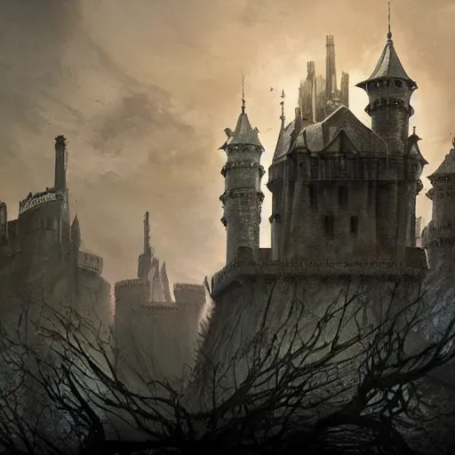 Image similar to a lonely and impossibly tall ominous palace dark citadel tower of the evil patriarch, battlements, castle wall, portcullis, on a plateau island in a river elevated high above the city, flintlock fantasy capital city, scary gothic architecture, ultrawide lense, aerial photography, unreal engine, exquisite detail, 8 k, art by greg rutkowski and alphonse mucha