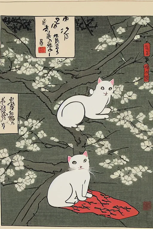 Image similar to white cat in sakura tree in the style of Utagawa Hiroshige