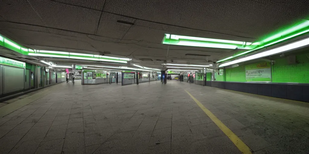 Prompt: empty subway station at night lit up by fluorescent, led and neon lights, night photography