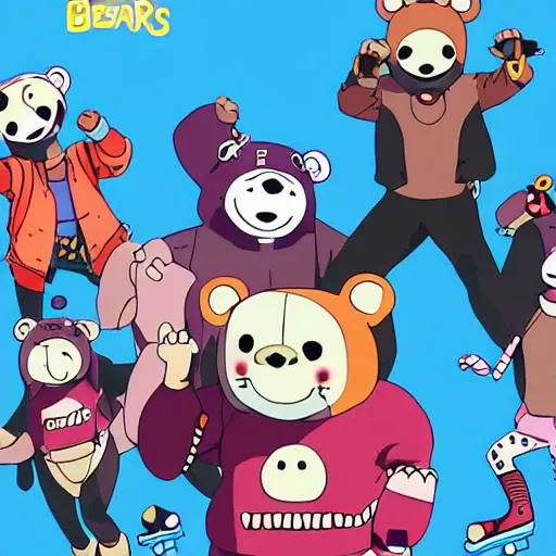 Prompt: happybears!, happy bears! kill union, humanoid bears, bear costumes, happy faces, evil happy faces, rollerblading, rollerskates, cel - shading, four humanoid bears, 2 0 0 1 anime, flcl, golden hour, japanese town, cel - shaded, strong shadows, vivid hues, y 2 k aesthetic