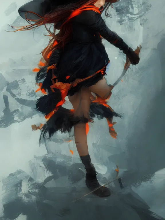 Prompt: Full shot of a cute mischievous young witch about to get up to some trouble. Black and Orange palette. By Ruan Jia and Artgerm and Range Murata and WLOP and CLAMP and Loish. Key Art. Fantasy Illustration. award winning, Artstation, intricate details, realistic, Hyperdetailed, 8k resolution.