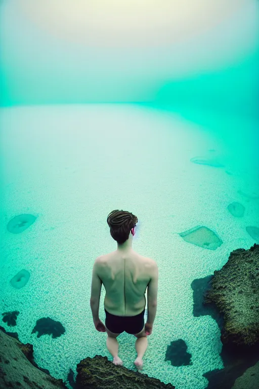 Image similar to high quality pastel coloured film mid angle docu photograph of a beautiful young 2 0 year old male, soft features, short black hair, swimming in an icelandic black rock pool environment. atmospheric. three point light. photographic. art directed. ( pastel colours ). volumetric light. clearcoat. waves glitch. 8 k. filmic.