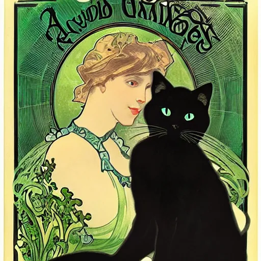 Image similar to a black cat with green eyes, holding a champagne flute filled with blue liquid, green background, in the style of Alphonse Mucha