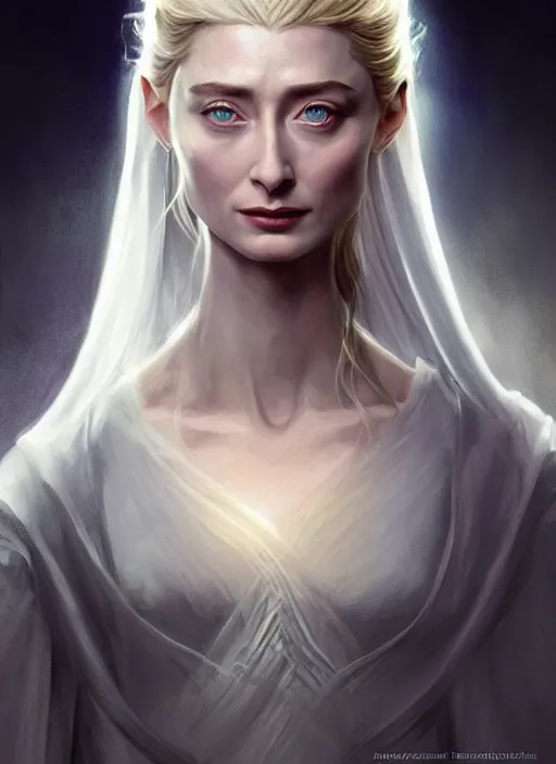 Image similar to beautiful stunning elizabeth debicki as galadriel, lord of the rings, lotr fanart, trending on artstation, character art, the hobbit digital painting, concept art, smooth, sharp focus, illustration, art by artgerm and greg rutkowski, radiant light,