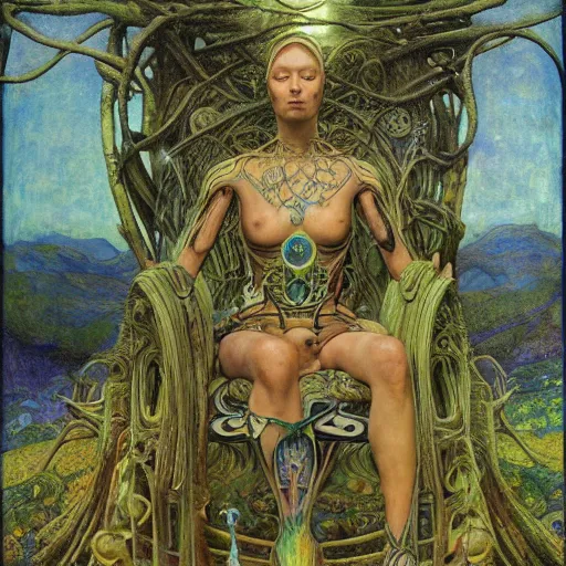 Image similar to robot seizes the forest throne, by Annie Swynnerton and Diego Rivera and Elihu Vedder, symbolist, dramatic lighting, elaborate geometric ornament, tattoos, Art Brut, soft cool colors,smooth, sharp focus, extremely detailed, Adolf Wölfli and Donato Giancola