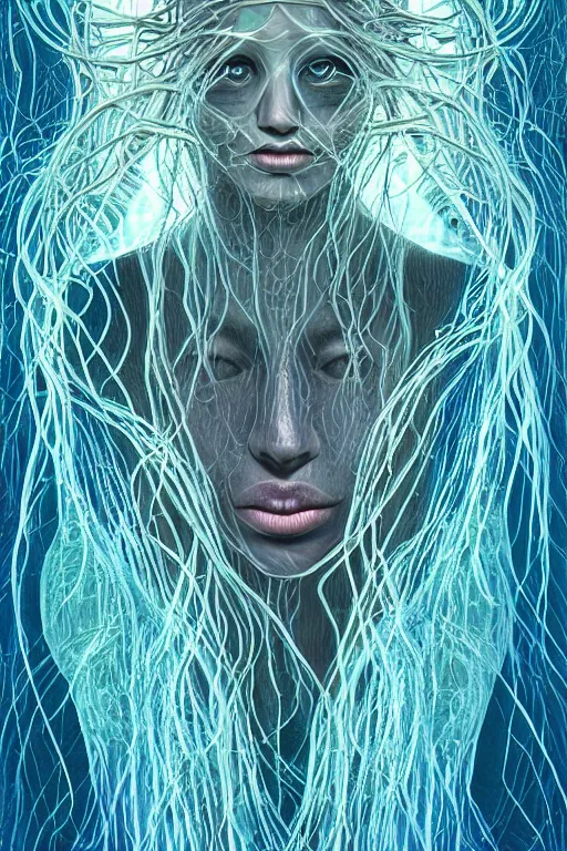 Image similar to dark underwater portrait of a Bioluminescent woman, with reaction diffusion semi-transparent skin. face closeup. long intricate dark hair, with jellyfish. very high detail, illustration, by alex grey