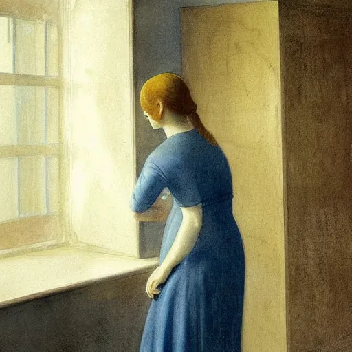 Image similar to close up of a girl in a blue and gold haunted liminal abandoned room, watercolor by canova, by hammershøi, art noveau, highly detailed, lights by edward hopper, liminal, eerie, bright pastel colors
