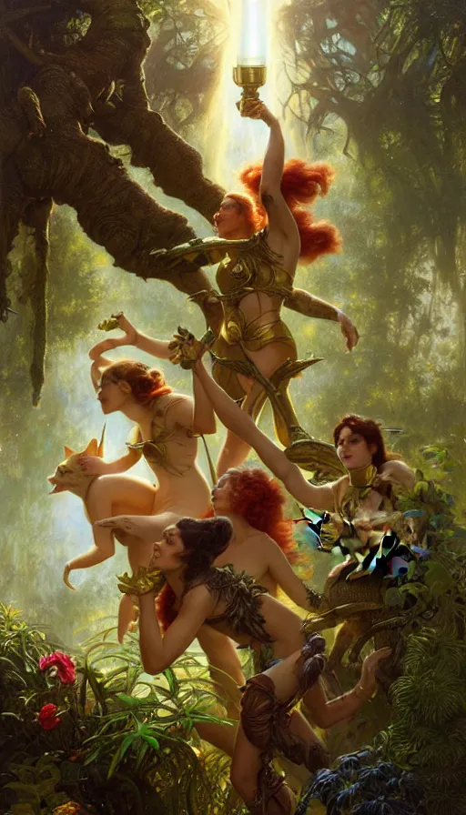 Image similar to hyper realistic aliens battling a golden goddess, lush plants, kittens, full moon, light rays, gnarly trees by tom bagshaw, mucha, gaston bussiere, craig mullins, j. c. leyendecker 8 k
