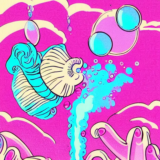 Prompt: deep ocean snail blowing bubbles, vaporwave risograph, synthwave
