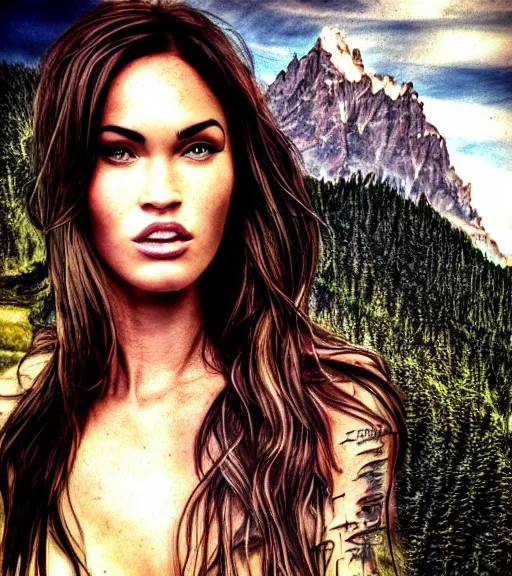 Image similar to realism tattoo sketch of a megan fox face double exposure effect with mountain scenery, in the style of matteo pasqualin, amazing detail, sharp, faded