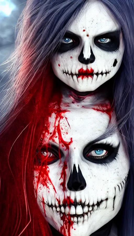 Image similar to skeleton black bones, covered with blood, jessica nigri face!!, highly detailed face, long red hair, beautiful blue eyes, black heavy eyeliner, ultra realistic, concept art, intricate details, photorealistic, octane render, 8 k, unreal engine. retro film still, heavy grain, 3 5 mm, art by artgerm and greg rutkowski and alphonse mucha