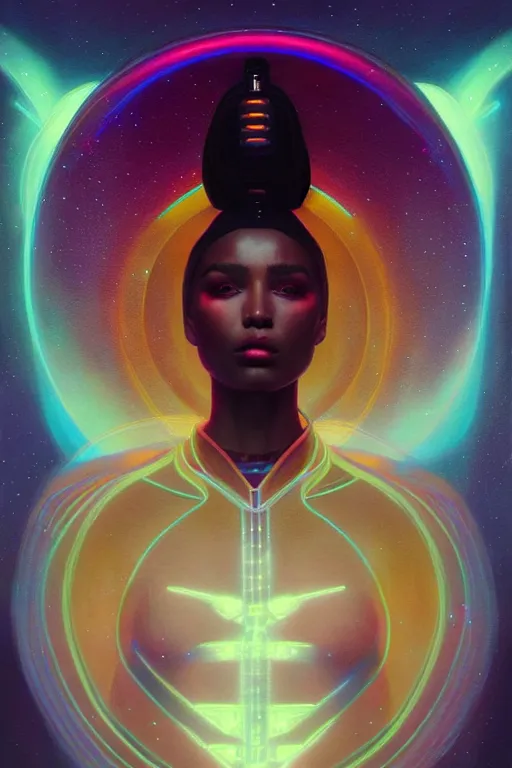 Image similar to patron saint of 🛸🌈👩🏾, futuristic clothing, neon god of city character portrait, in the style of moebius, tom bagshaw, and waterhouse, cinematic lighting, beautiful, elegant, oil painting,