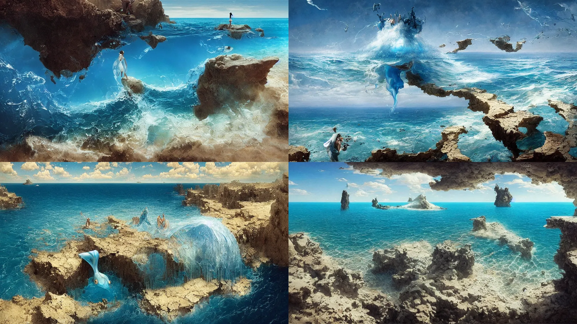 Prompt: clear blue ocean waters splitting apart to reveal ocean floor, whimsical surrealism, dream recording, 4 k, award - winning, painting by salvador dali, by greg rutkowski