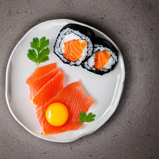 Image similar to toasted seaweed wrapped around sushi rice, filled with smoked salmon and free range eggs, 8 k resolution, food photography, studio lighting, sharp focus, hyper - detailed