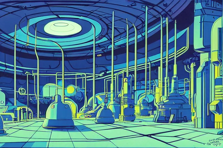 Image similar to a scifi illustration, factory interior. seen from ceiling, extreme angle. vats of fluid. flat colors, limited palette in FANTASTIC PLANET La planète sauvage animation by René Laloux