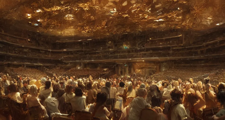 Image similar to craig mullins and ghibli digital art of inside the theater, on the stage, masked female violinists, exotic costumes, gold jewelry, black hair, solo performance realistic shading, cinematic composition, realistic render, octane render, detailed textures, photorealistic, wide shot