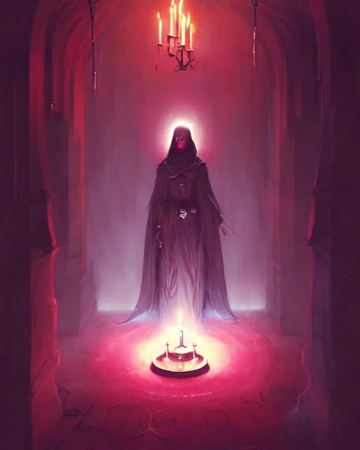 Image similar to Character concept art of Adult necromancer bringing dead to alive, casting dark magic spell. Castle room, lots of candles, barely lit warm violet red light, many transparent souls comes through the floor By greg rutkowski, tom bagshaw, beksinski