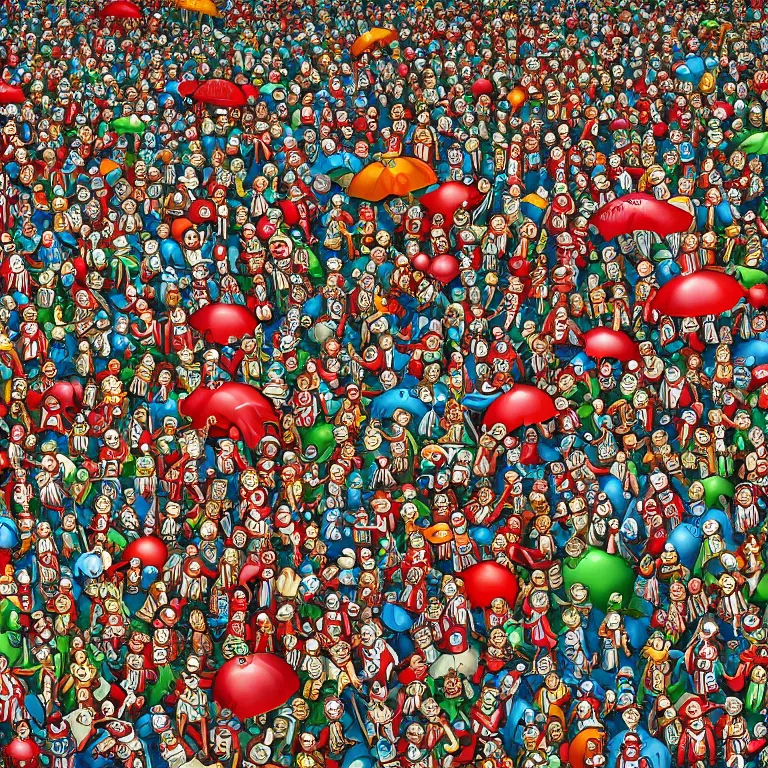 Image similar to an incredibly detailed masterpiece photo of a Where's Waldo puzzle by bosch, ornate, beautiful, bold colors, detailed, high resolution, wow!, realistic, photorealism, intricate, 4k octane render, HDR, unreal engine, zbrush, vfx, very realistic