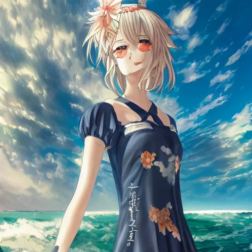 Prompt: image of Barbara genshin impact in a light dress against the sea, anime art, genshin impact, highly detailed, beautiful, art, 4k, soft light, studio light