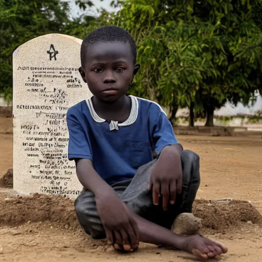 Prompt: a nigerian boy sitting next to a grave, the grave has an engraved text that says rip anglettere super detailed, accurate text, sunflare.