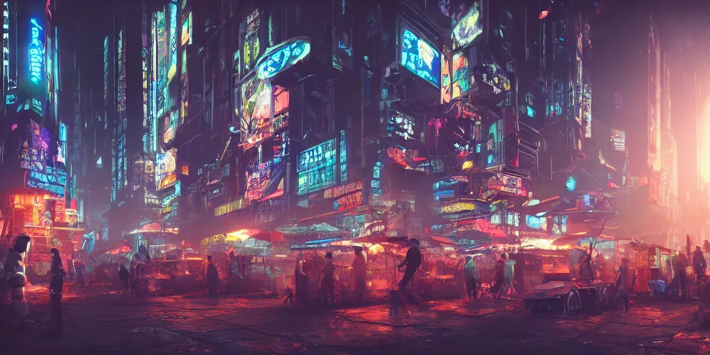 Image similar to a cyberpunk market, in night, trending on art station, hyper realistic, atmospheric, cinematic landscape, octane render, art by dylan cole, craig mullin,