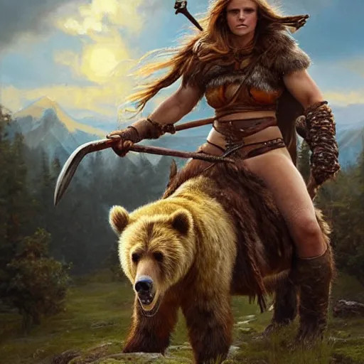 Prompt: viking barbarian emma watson riding a grizzly bear like a horse wielding a giant axe, fantasy art, golden hour, classic oil painting, thick brush strokes, epic art, loose art, by artgerm and greg rutkowski and alphonse mucha