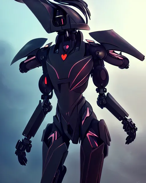 Image similar to uncropped stealthy Feminine mecha (with futuristic jet armor and wings) with a heart visor helmet, symphogear, full body character portrait, hi-tech, trending on Artstation, black armor, digital painting, concept art, sharp focus, illustration, art by WLOP and Greg Rutkowski