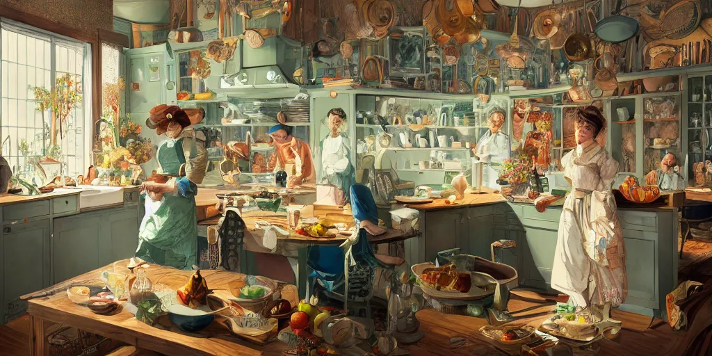 Prompt: a beatiful kitchen, extremely detailed, sharp focus, wide view, full body shot, smooth, digital illustration, colorfull, by william turner, by victo ngai, by greg rutowski