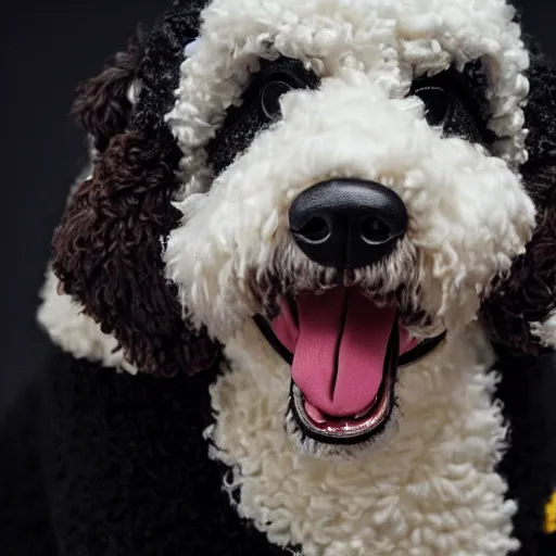 Image similar to a closeup photorealistic photograph of a cute smiling knitted bernedoodle judge dog dressed in a black gown, presiding over the courthouse. indoors, professional capture, well lit shot. this 4 k hd image is trending on artstation, featured on behance, well - rendered, extra crisp, features intricate detail, epic composition and the style of unreal engine.