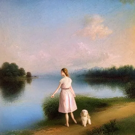 Image similar to a beautiful girl with a beautiful face wearing white dress, a dog, john martin landscape, lake evening, pastel pink and blue colors