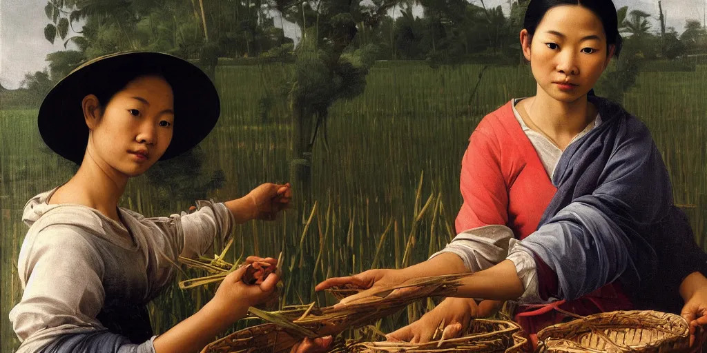 Image similar to beautiful oil matte portrait painting, vietnamese woman of an elevated rice field tending to her work, wonderful masterpiece highly detailed, beautiful cinematic light deep focus, elegant, digital painting, smooth, sharp focus, golden ratio, dramatic illumination, ultra realistic, 8 k, art by artemisia lomi gentileschi and caravaggio