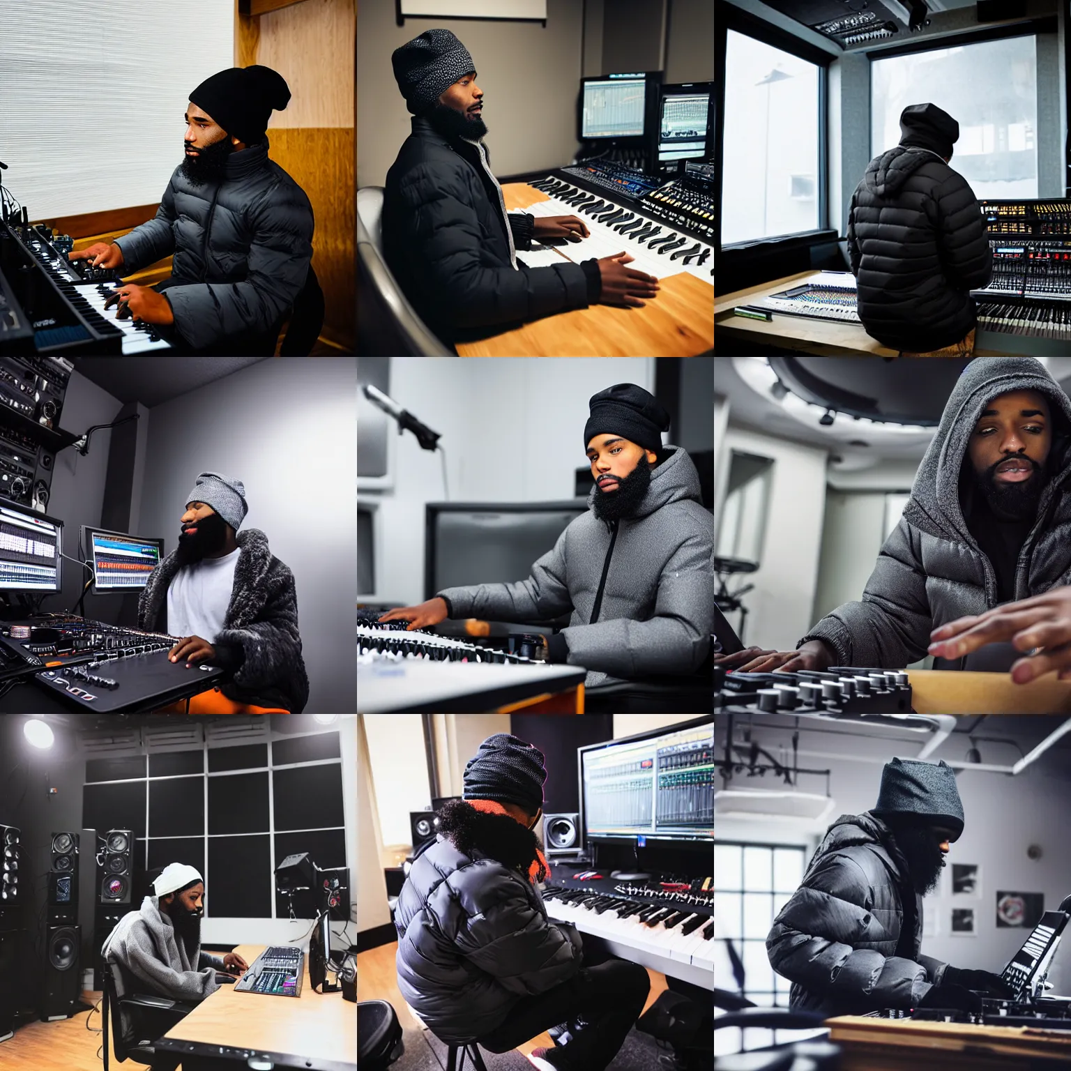 Prompt: a young black urban male with a full beard, wearing a gray du rag and a black winter puffer down coat, playing an mpc while sitting in a chair in a music studio, epic composition, cinematic lighting, by endar studio and liquidcoco 李 奎 德, award - winning, masterpiece,