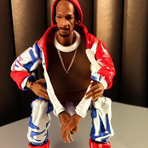 Prompt: Rapper Calvin Broadus as an action figure. PVC posable figure with 5 points of articulation. Curvy female bright clothes. makeup. Classic action figure.