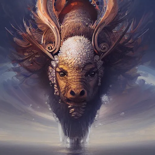 Image similar to sacred buffalo, acanthus scroll, ceremonial clouds, dripping paint, fibonacci rhythm, artstation, art germ, wlop, karol bak, christopher balaskas, ross tran