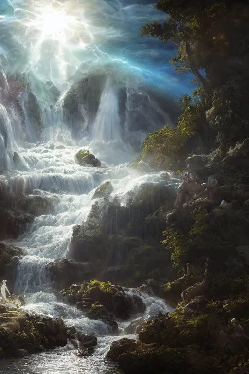 Image similar to creation of the world and heaven with a river of the water of life, clear as crystal, flowing from the throne of god and of the lamb by daniel f. gerhartz and matt stewart, fantasy, photorealistic, octane render, unreal engine, dynamic lighting