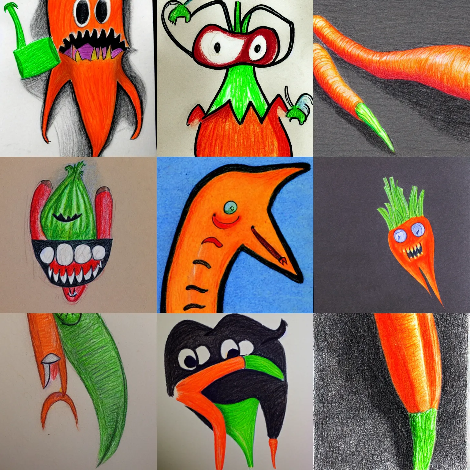 Prompt: a child's colored pencil drawing of a long and skinny carrot with an open mouth, sharp teeth, scary face, black background