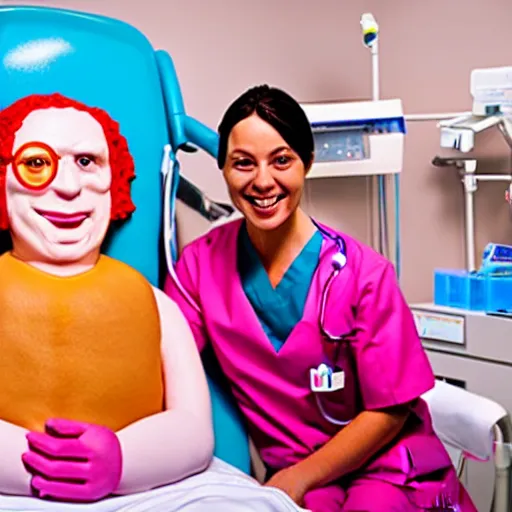 Image similar to photo of a happy patient and doctor or nurse in a hospital room made out of soft candy, candy hospital equipment, candy hospital room, candy treatments, oompa loompa virus, willy wonka pandemic