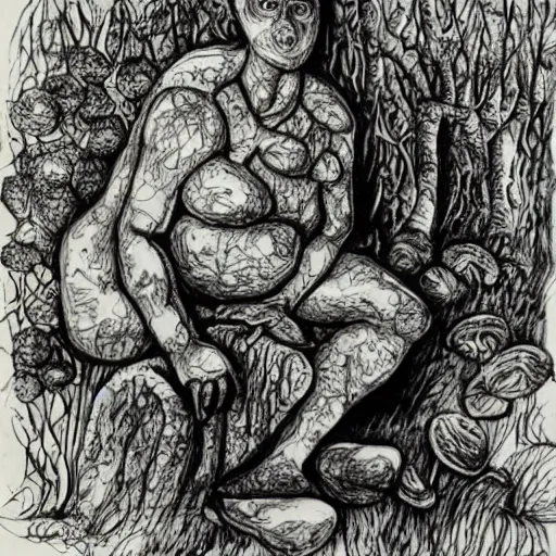 Image similar to The Thinker Sculpture covered in mushrooms and peyote, sitting in a dense luscious forest, ink sketch, Naturalist