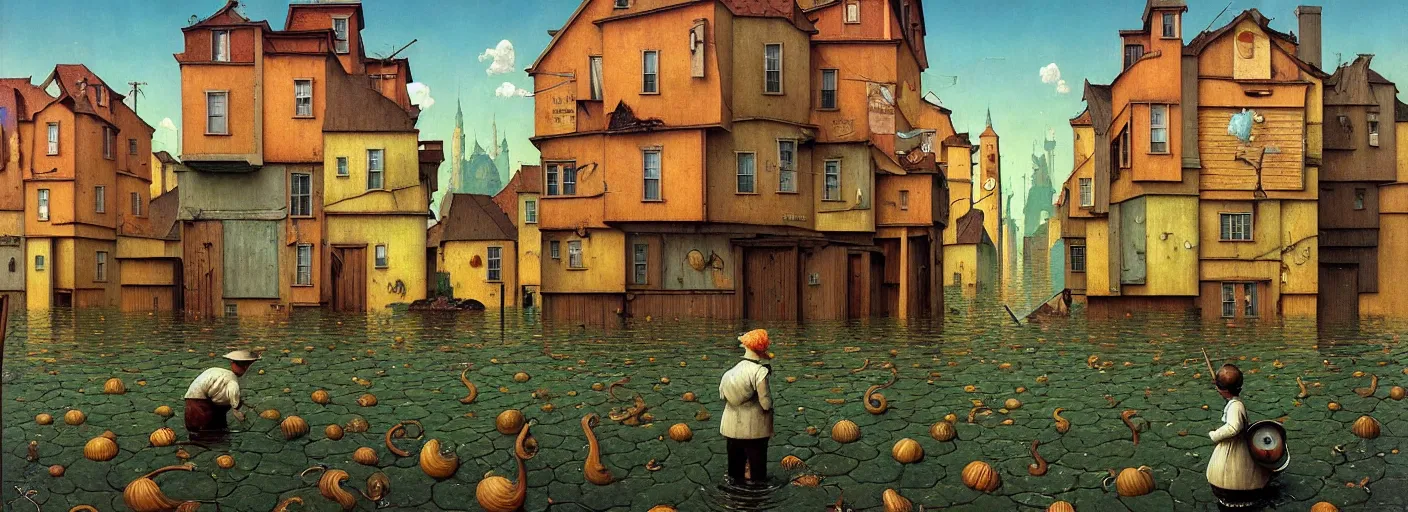 Image similar to flooded! old wooden! empty cursed snail city street, very coherent and colorful high contrast masterpiece by gediminas pranckevicius rene magritte norman rockwell franz sedlacek, full - length view, dark shadows, sunny day, hard lighting, reference sheet white background