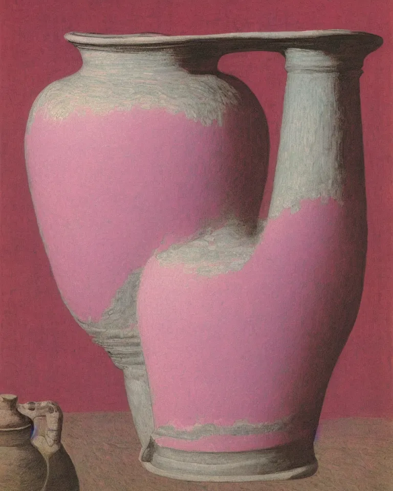 Prompt: achingly beautiful print of intricately painted ancient greek amphora on a pink pastel background by rene magritte, monet, and turner.
