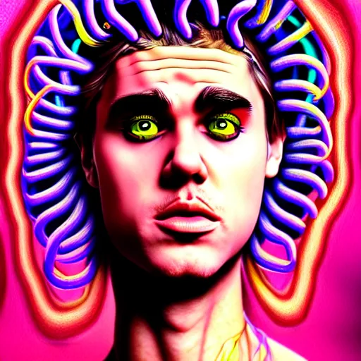 Prompt: an extremely psychedelic portrait of medusa as justin bieber, surreal, lsd, face, detailed, intricate, elegant, lithe, highly detailed, digital painting, artstation, concept art, smooth, sharp focus, illustration