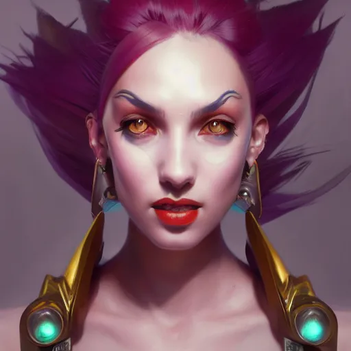 Image similar to Portrait of Jinx from League of legends ,highly detailed, digital painting, artstation, concept art, sharp focus, illustration, art by greg rutkowski and alphonse mucha