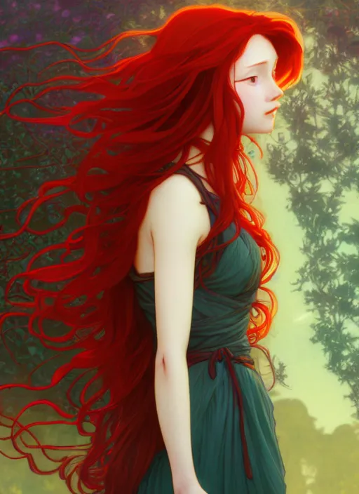 Image similar to pretty young woman with long red hair walking in the darkness, path traced, highly detailed, high quality, digital painting, by studio ghibli and alphonse mucha, leesha hannigan, makoto shinkai, disney