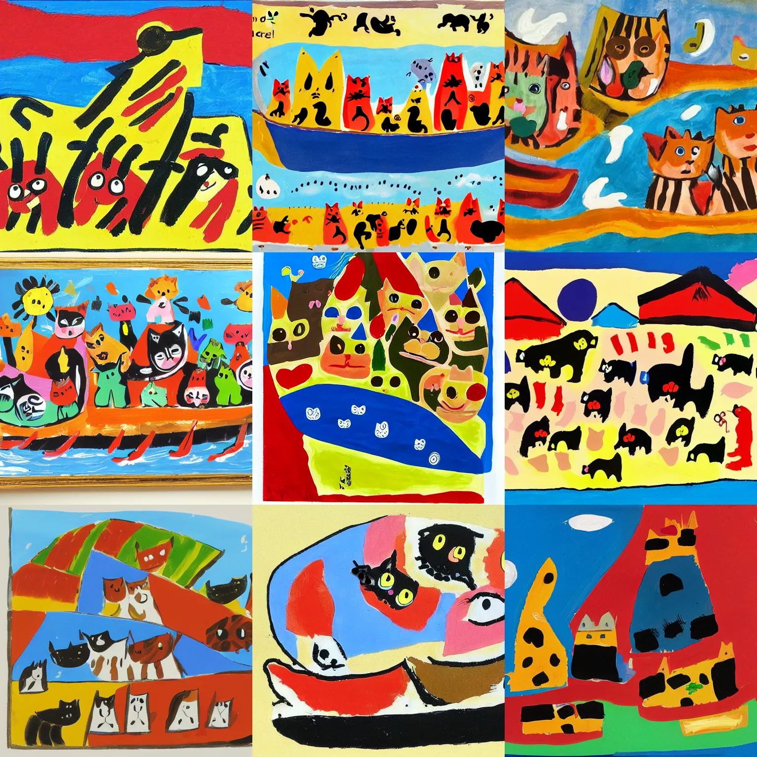 Prompt: a children's illustration of noah's ark filled with cats by karel appel