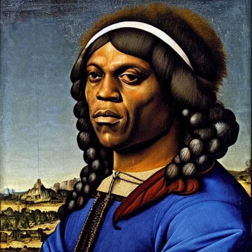 Prompt: a renaissance portrait painting of chief keef by giovanni bellini painting on a building in downtown chicago
