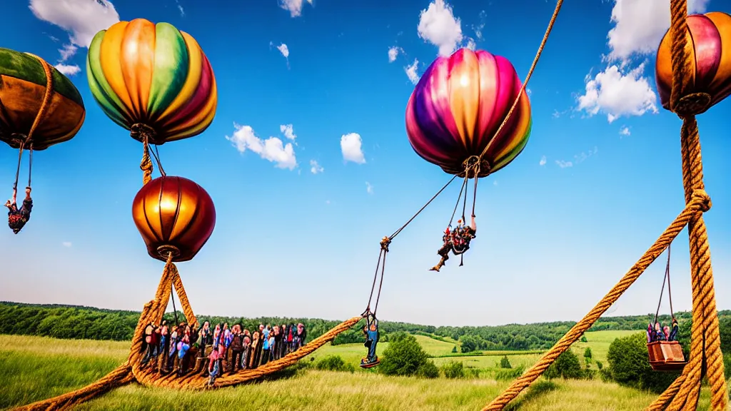 Prompt: large colorful steampunk balloons with people on rope swings underneath, flying high over the beautiful countryside landscape, professional photography, 8 0 mm telephoto lens, realistic, detailed