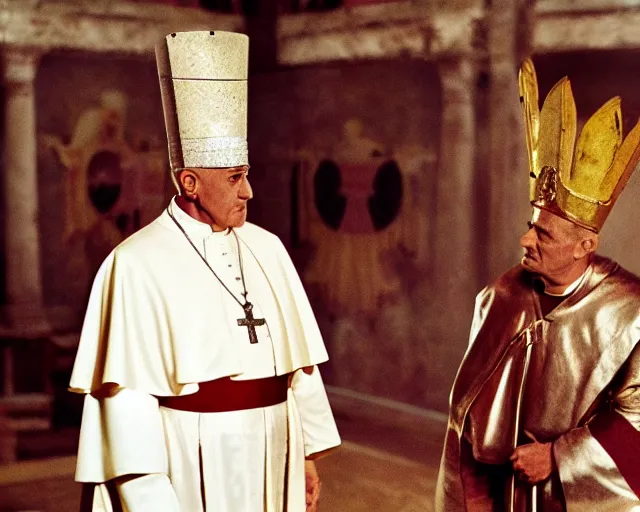 Prompt: a film still of the pope as the ramesses faraoh, in the 1 0 commandments ( 1 9 5 6 ), technicolor color